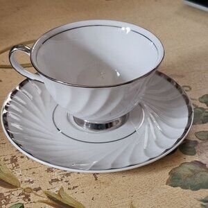 Heirloom Fine China White Trim Silver Swirl Tea Cup Saucer Set Elegant Vintage